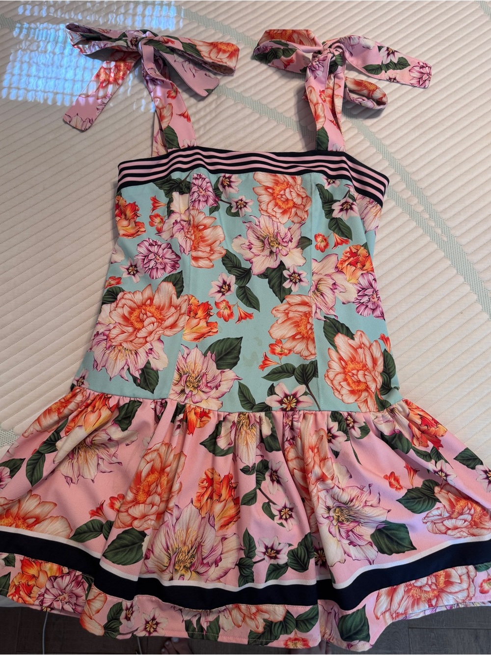 Agua Bendita Pink & Black Striped Floral Tie-Shoulder Dress